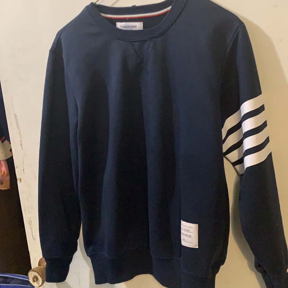 Thom Browne Navy Blue Crewneck Sweatshirt with White Sleeve Stripes